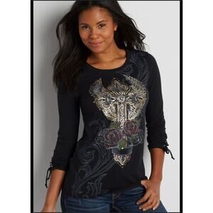 Y2K Maurices Tattoo Cross Roses Wings Motorcycle Long Sleeve  Top Sz M / L